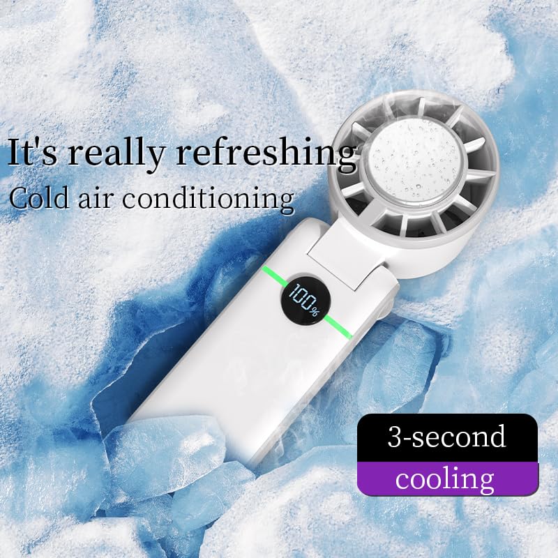VONBLAY Handheld Portable Fan, Ice Cooling Fan, High Speed, Rechargeable, 5000mAh, 18H Max, LED Display, 5-Speed, 90° Foldable, 3-IN-1 Portable