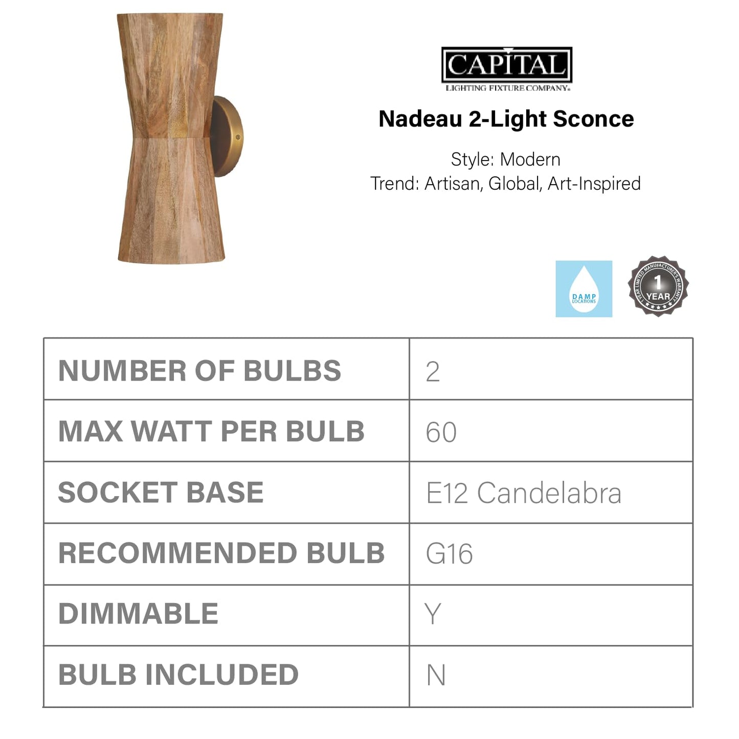 Capital Lighting 651021LW Nadeau Modern Artisan Art-Inspired Handcrafted Mango Wood Hourglass Wall Sconce, 2-Light 120 Total Watts, 15" H x 7" W