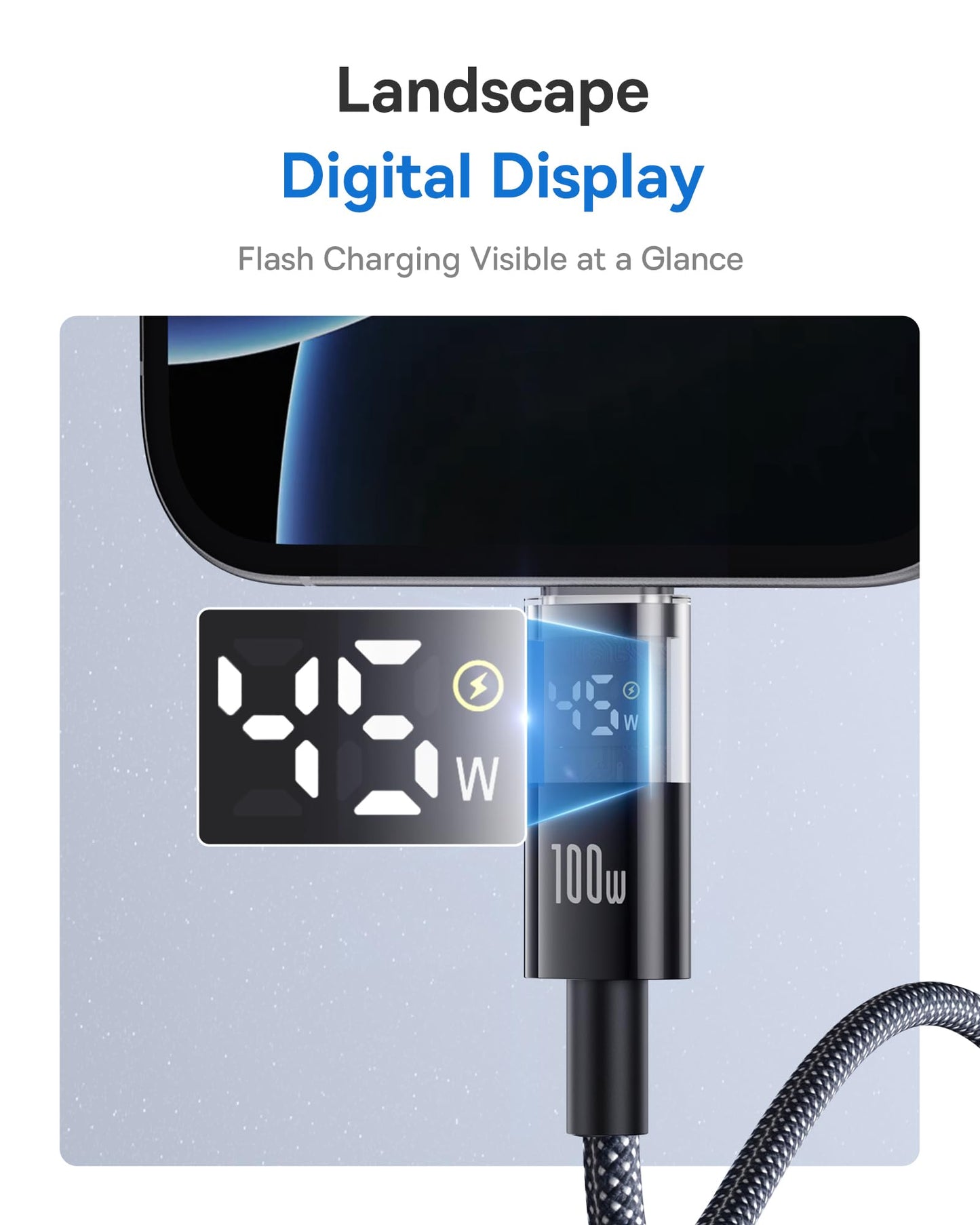 Baseus USB C Cable, 100W 5A Fast Charging USB C Charger Cable with LED Display, Zinc Alloy Nylon Braided USB C to USB C Cable for iPhone