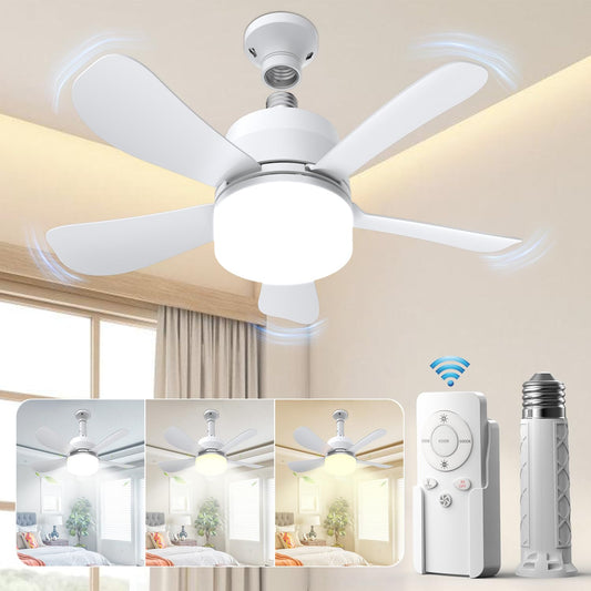 Eonini Socket Fan Light with Remote, 16" Ultra-Quiet 5-Blade Small Ceiling Fan with Light, 1000LM 3-Color Dimmable LED, 3 Speeds & 5 Brightness