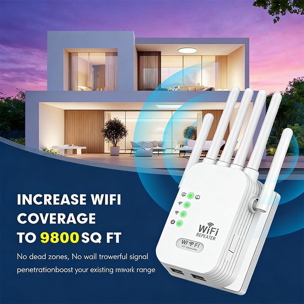 2026 WiFi Extender Signal Booster for Home,Long Range WiFi Booster and Signal Amplifier w/Ethernet Port,9800sq.ft Wireless Internet Repeater,1200M