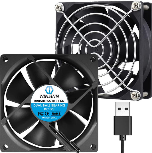 WINSINN DC 80mm USB Fan 5V 8025 Dual Ball Bearing Brushless Cooling 80mmx25mm 2PIN (Pack of 2Pcs)
