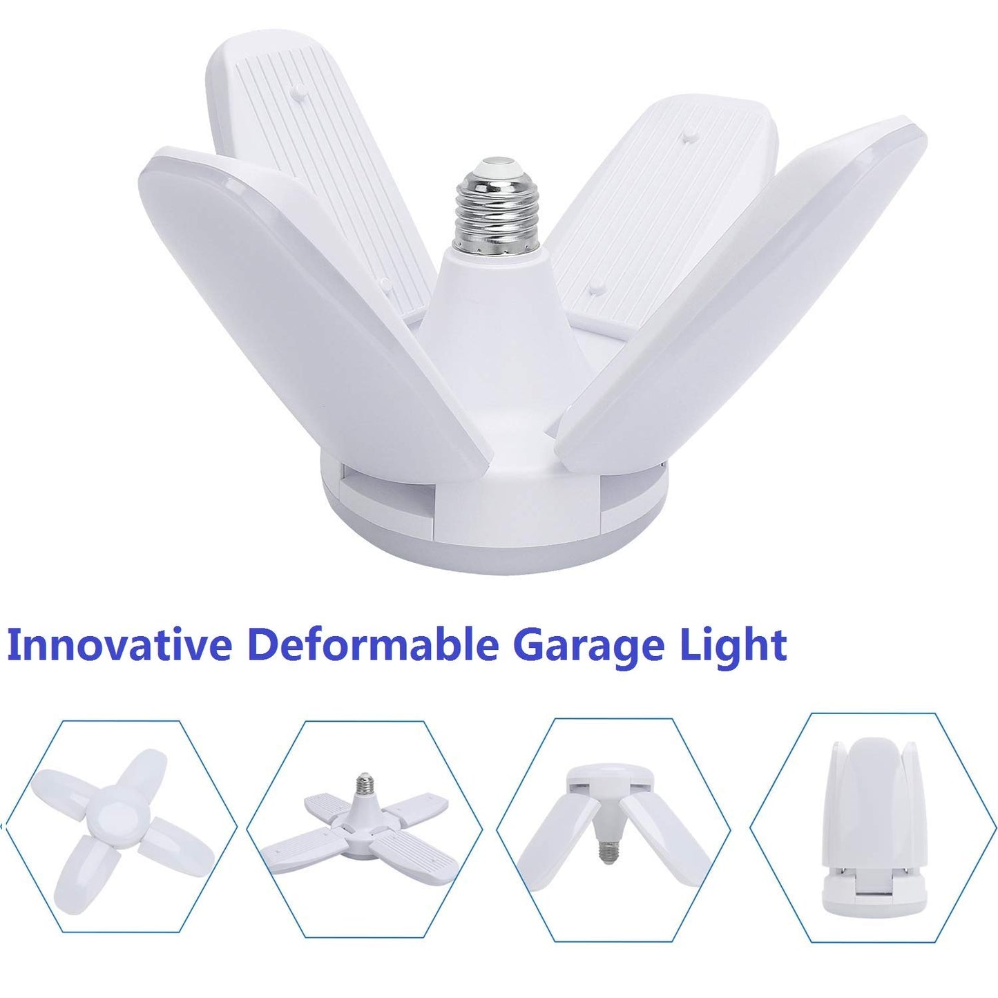 MACGO (2 Pack) LED Garage Lights, 60W Trilights Ceiling, High Low Bay Deformable Adjustable 4 Led Light Bulbs 6000LM 6000K, Screw in Tribright Garage