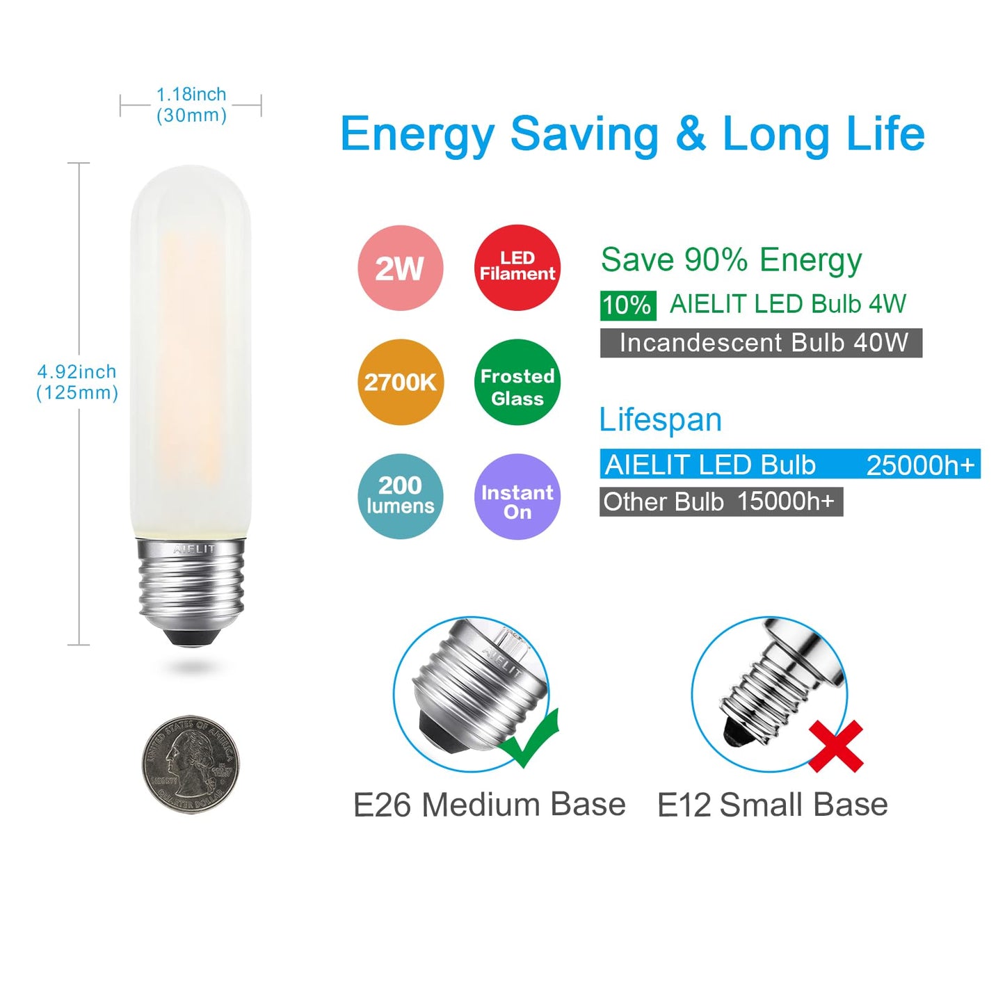AIELIT T10/T30 Frosted LED Light Bulb 25 Watt Equivalent, Warm White 2700K, 200 LM, E26 Standard Base, 2W Dimmable LED Tube Bulbs, Classic Filament