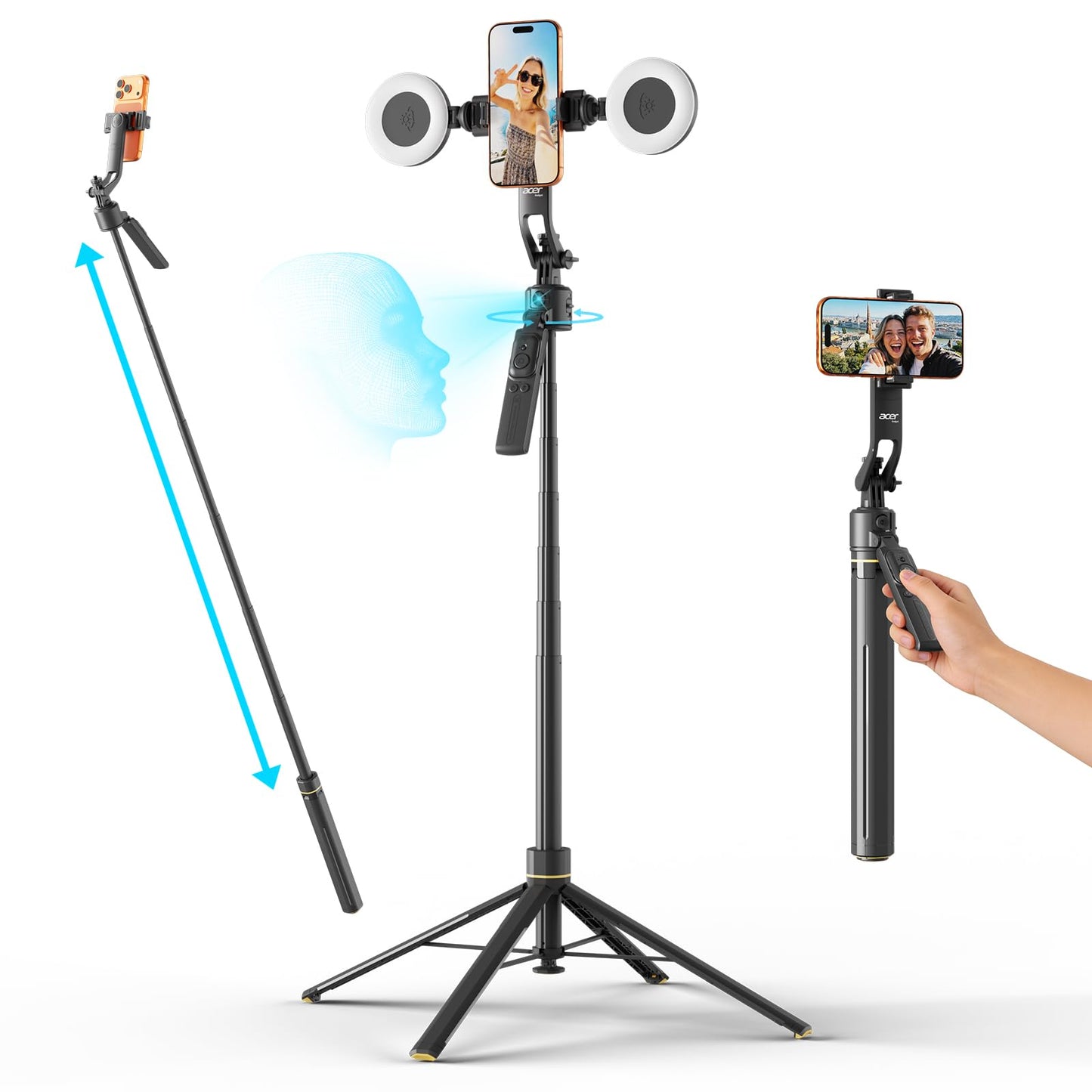 Acer Gadget Auto Face Tracking Tripod for iPhone - Gesture Control Detachable Mini Ring Light 64" 360 Degree AI Tracking Phone Tripod for Vlogging
