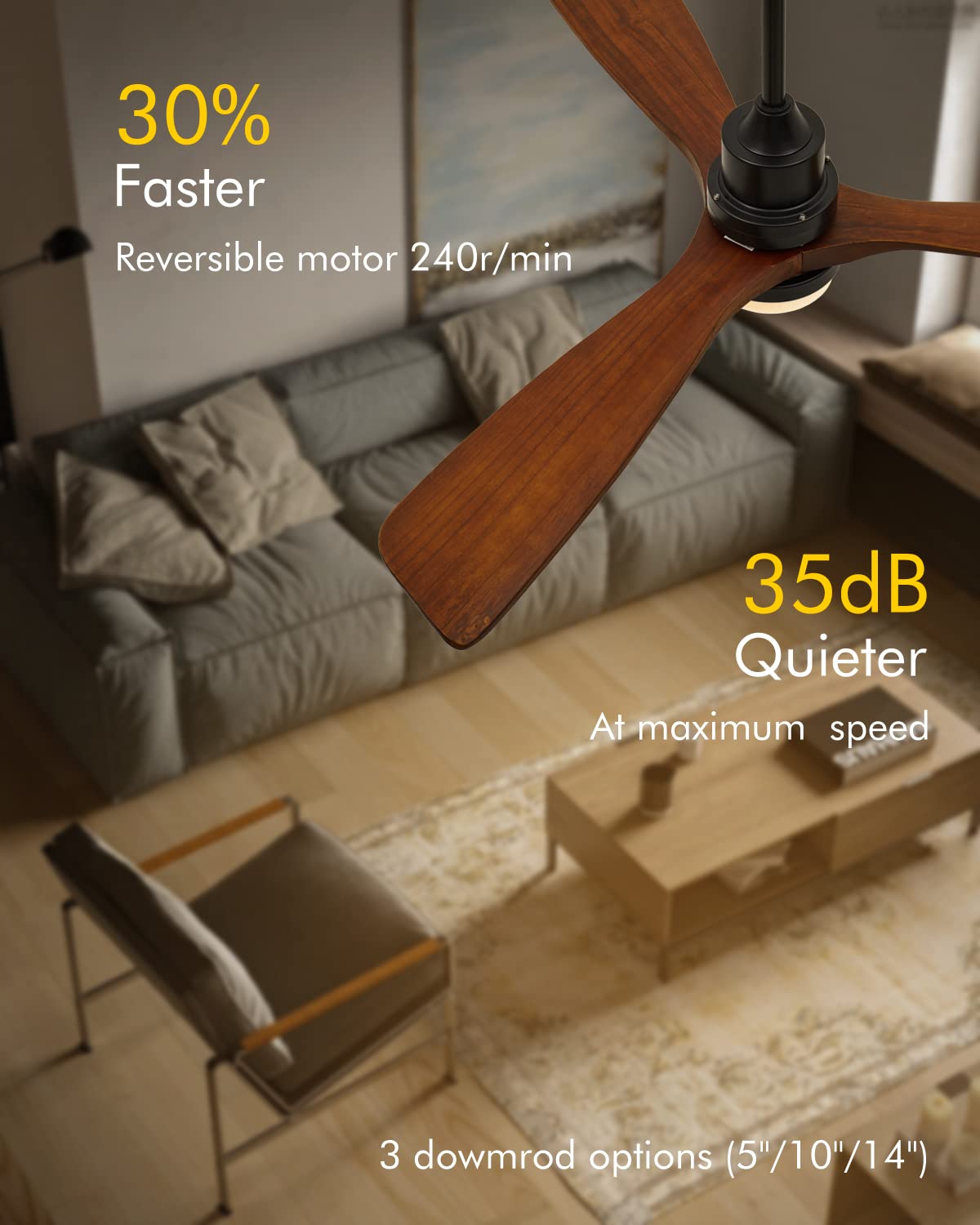 Chriari Modern Ceiling Fans with Lights, 3 Wood Fan Blades, 52" Black with Remote Control, Noiseless Reversible DC Motor for Bedroom/Living