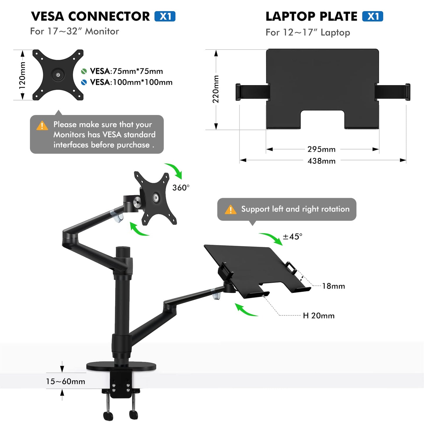 Viozon Monitor and Laptop Mount, 2-in-1 Adjustable Dual Arm Desk Mounts Single Desk Arm Stand/Holder for 17 to 32 Inch LCD Computer Screens, Extra