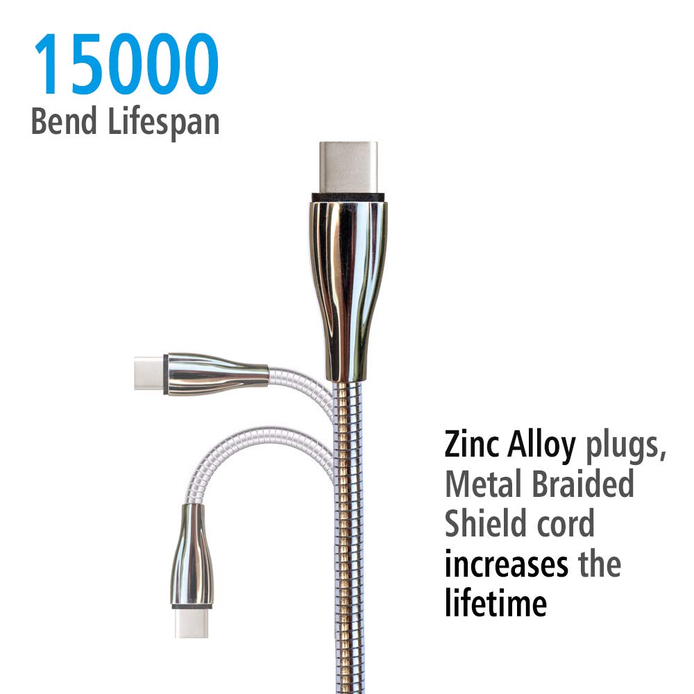 MAGNITTO Metal Braided Wire USB C to USB C Cable 6ft, 2Pack, 60W 3A, Stainless Steel, Strong Durable Wire, Tangle Free, Pets Chewing Proof, Silver