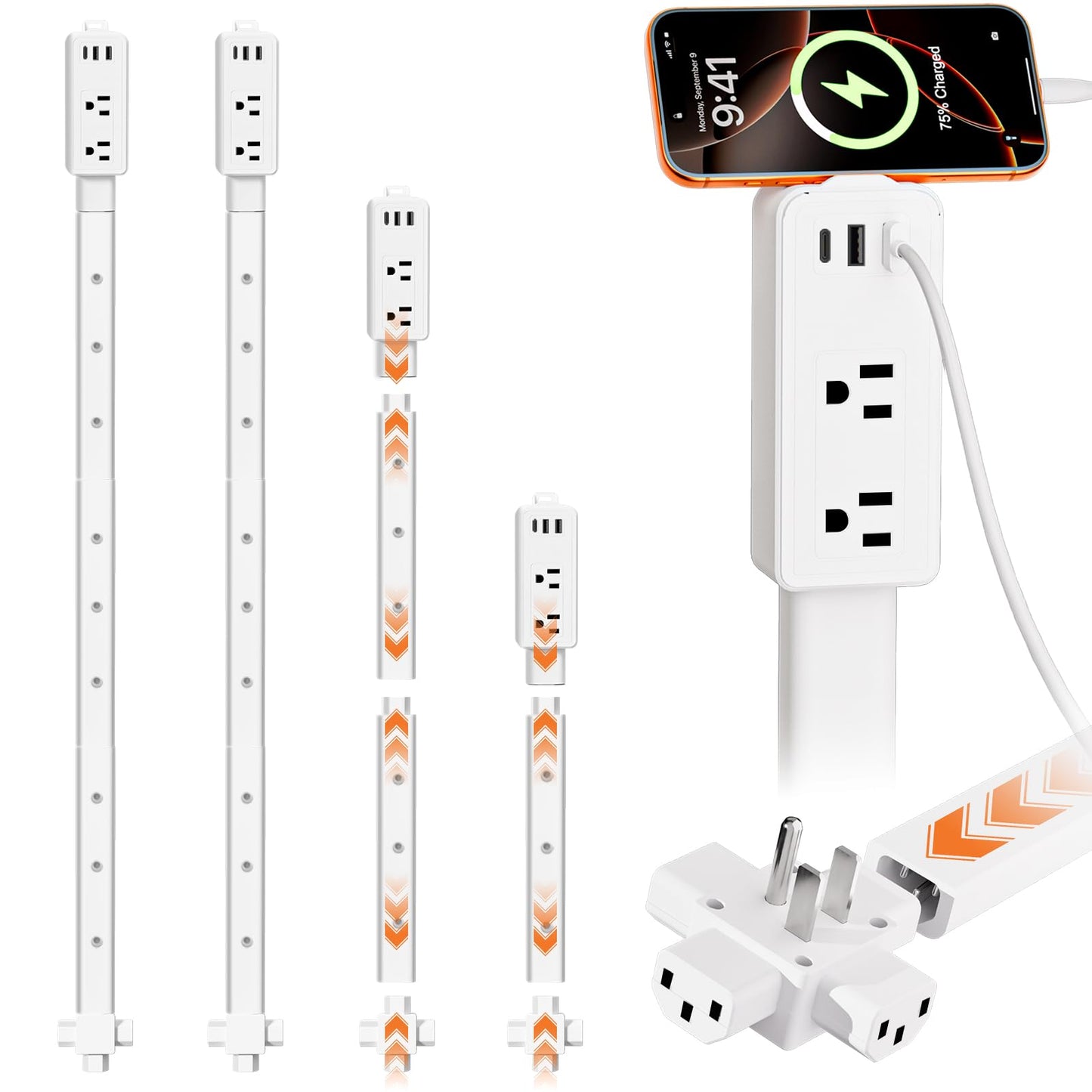 2 Pack Electrical Outlet Extender Stick Features 2 USB-A, USB-C and 2 AC Outlets, Extendable to 6", 15.3", 24.5", 34", for Hard to Reach Spaces Use