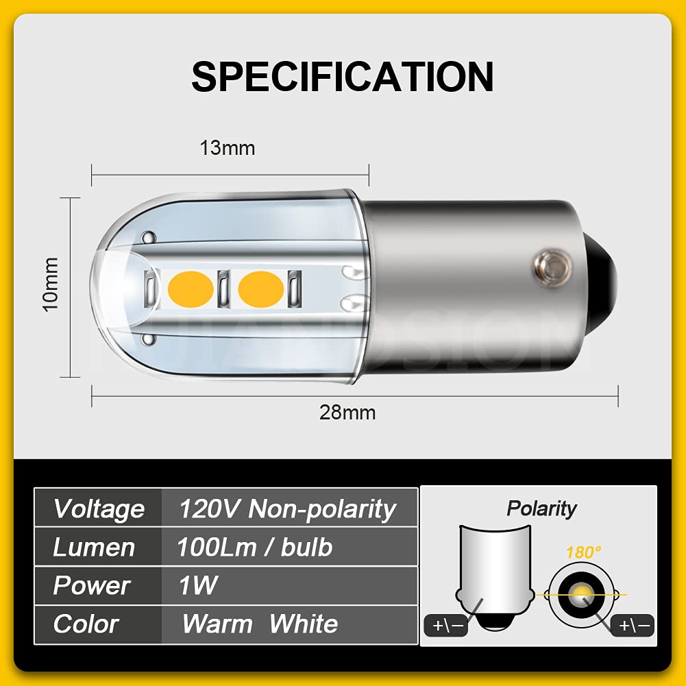 Ruiandsion BA9S LED Bulb 120V AC/DC Miniature Bayonet 9mm BA9s Base 3030 4SMD LED Replacement Bulb for Indicator Pilot Lights,Warm White (Pack of 10)