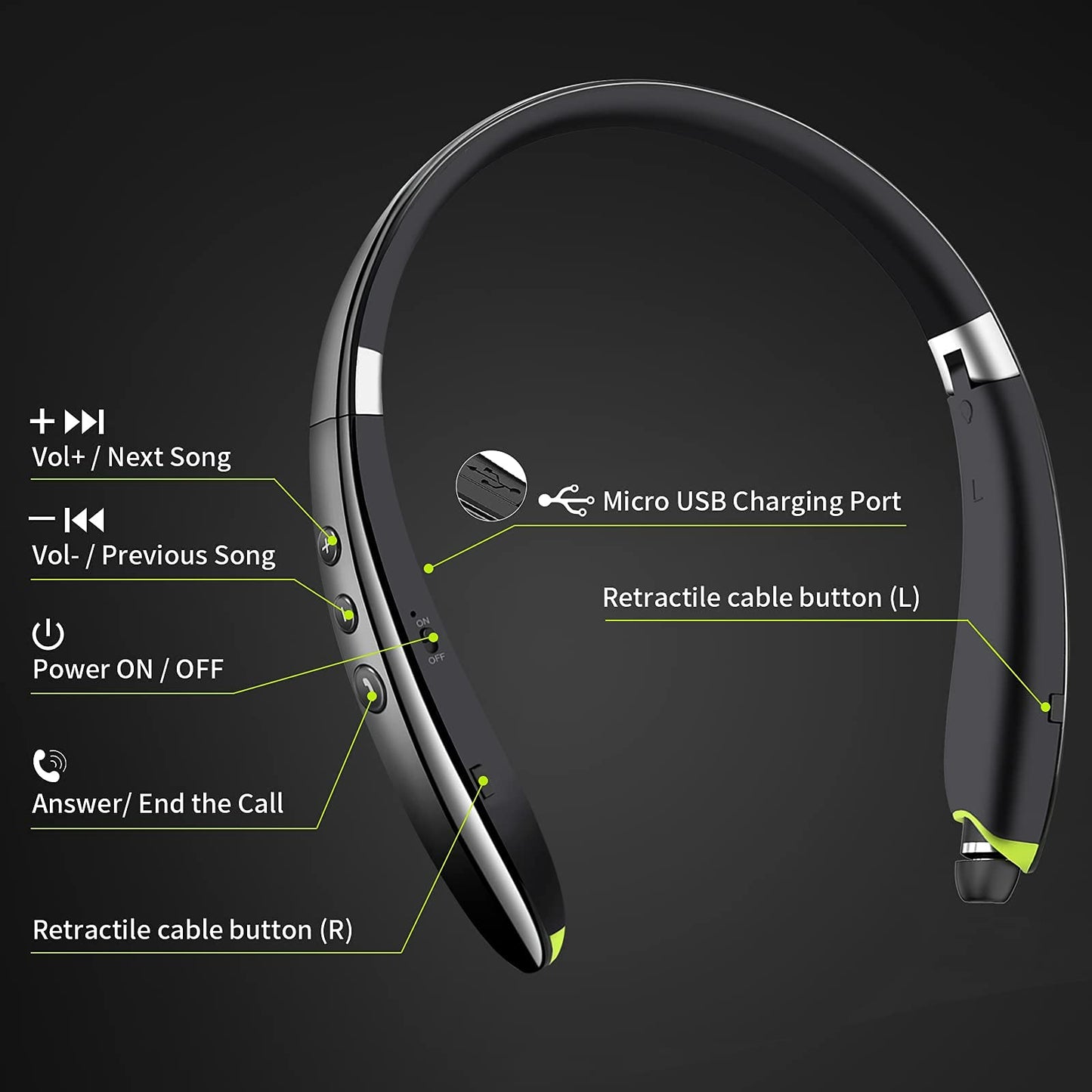 Bluetooth Headset, 2026 Upgraded Neckband Bluetooth Headphones with Retractable Earbuds, Noise Cancelling Stereo Earphones with Mic, Foldable Wireless