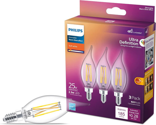 PHILIPS LED 25W BA11 E12 Base 3-Pack Ultra Definition Soft White (2700K) 185 Lumen (2.3W = 25W) Dimmable Clear Flicker-Free Candelabra Light Bulbs