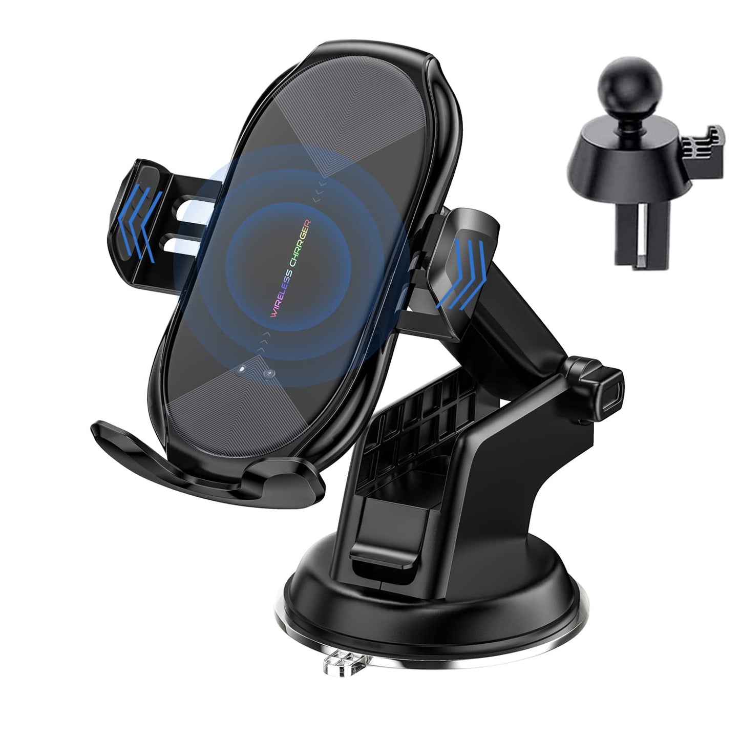 YITUMU Wireless Car Charger,15W Qi Fast Charging Auto-Clamping Air Vent Windshield Dashboard Car Phone Mount,Long Arm Suction Cup Holder for iPhone