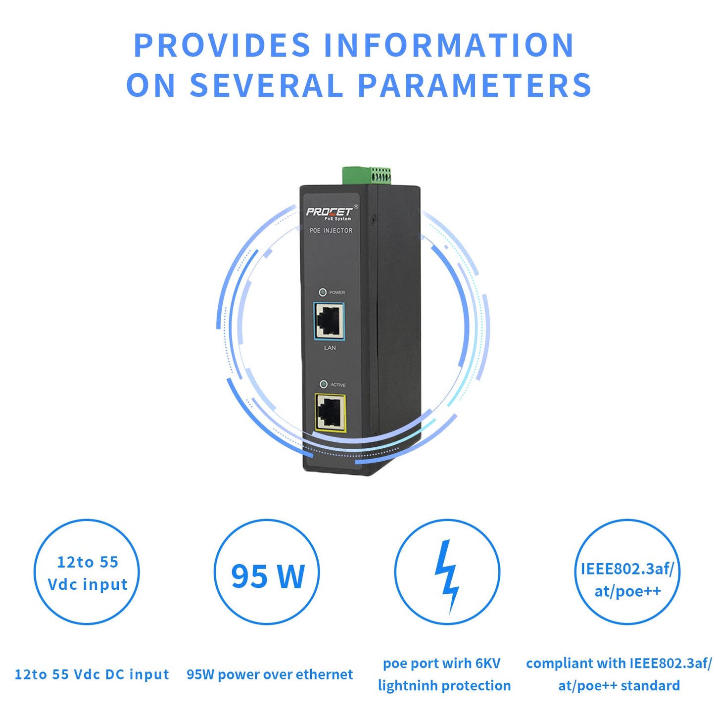PROCET PoE++ 95W PoE Injector DIN Rail PoE Power Injector with 6KV Surge Protection, IEEE 802.3 af/at, Wide Working Temperature -40? to 149?