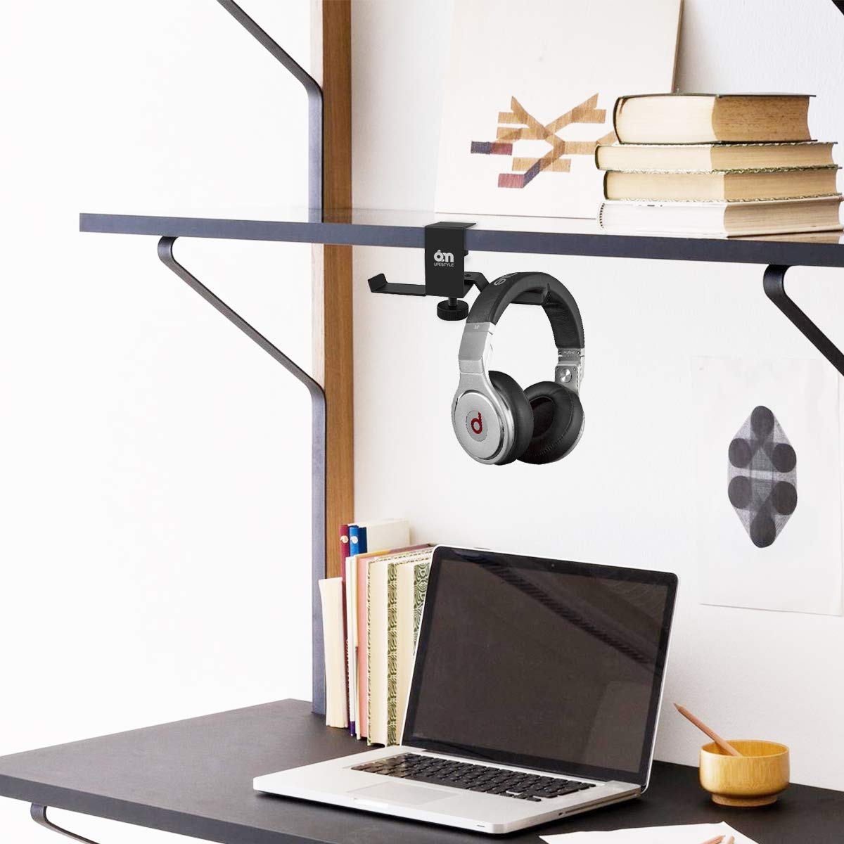 6amLifestyle Under Desk Dual Headphone Hanger, Metal Headset Stand Gaming Earphone Holder Universal Clamp on Desk Hanger Hook for All Headsets, Black