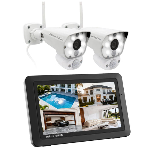 CasaCam Deluxe Wireless Security Camera System | 2 1080p Floodlight Cameras and one 7" Touchscreen Monitor | AC Powered, Two-Way Audio, Free APP, 32GB