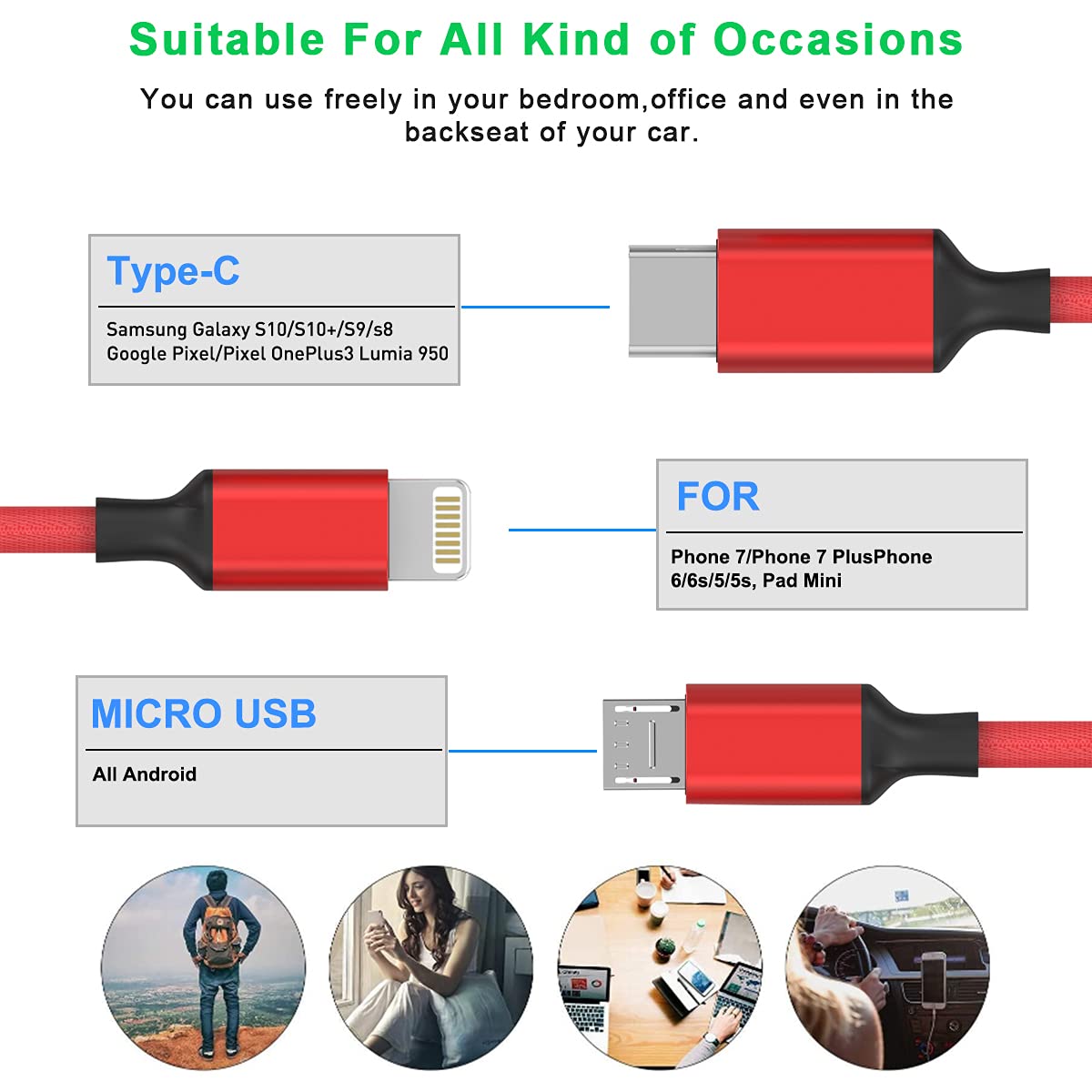 Multi 3 in 1 USB Long iPhone Charging Cable, 1.8M/5.9Ft Nylon Braided Universal Phone Charger Cord USB C/Micro USB/Lightning Connector Adapter