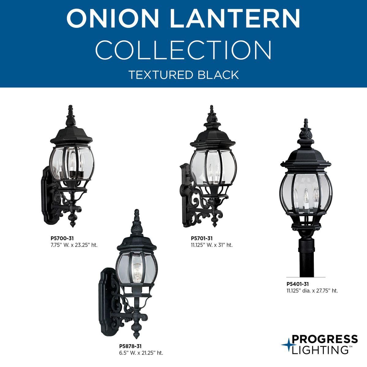 Progress Lighting Onion Lantern Collection 3-Light Clear Beveled Glass Traditional Outdoor Wall Lantern Light Textured Black