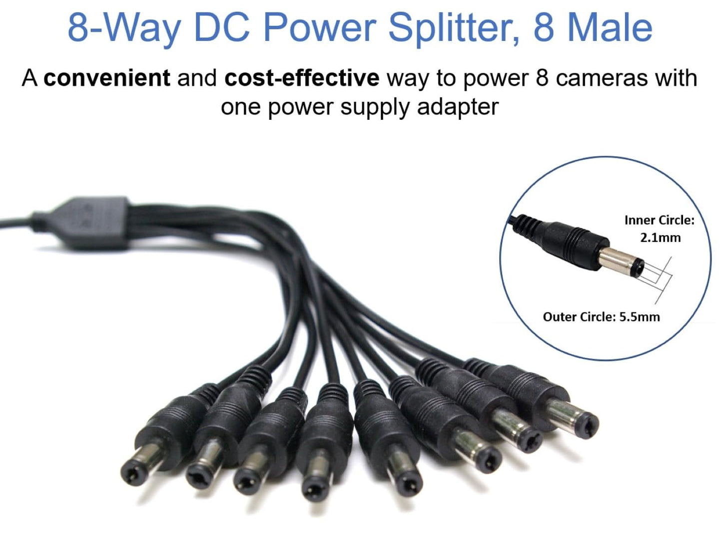 SOLTECH 8 Way DC Power Splitter Cable for Security Cameras 1 Female to 8 Male 5.5 * 2.1mm 8 Channel Y Adaptor for CCTV Surveillance Cameras