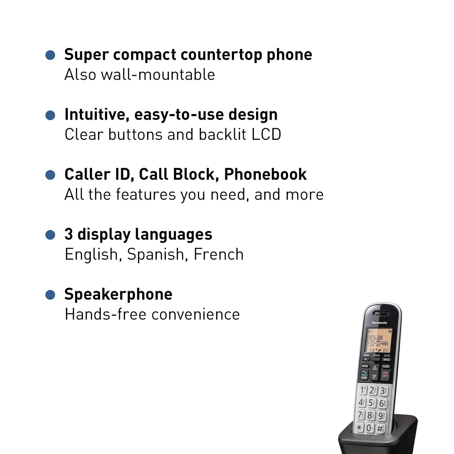 Panasonic Compact Cordless Phone with DECT 6.0, 1.6" Amber LCD and Illuminated HS Keypad, Call Block, Caller ID, Multiple Display Languages - 2