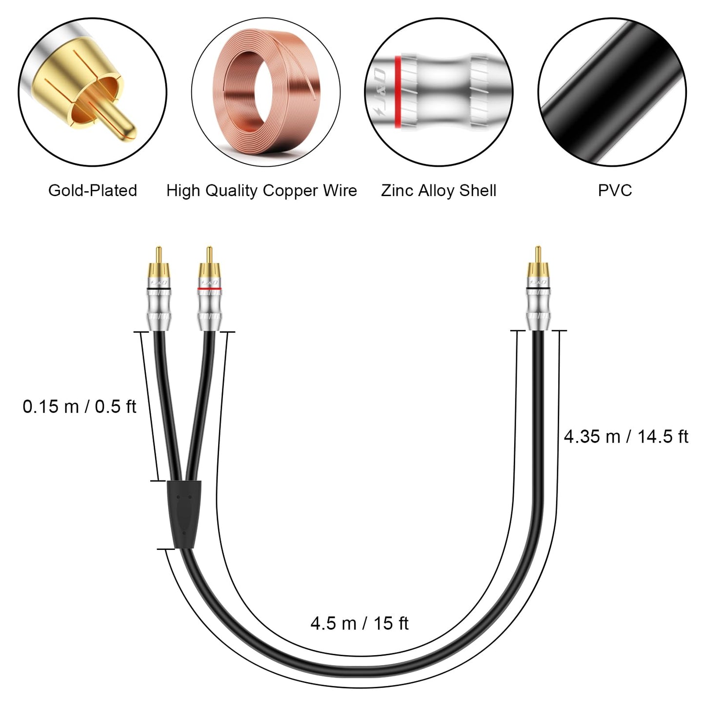 J&D RCA Cable, 1 RCA Male to 2 RCA Male Y-Splitter Digital Stereo Audio Cable Subwoofer Cord for Subwoofer, Home Theater, 15 Feet