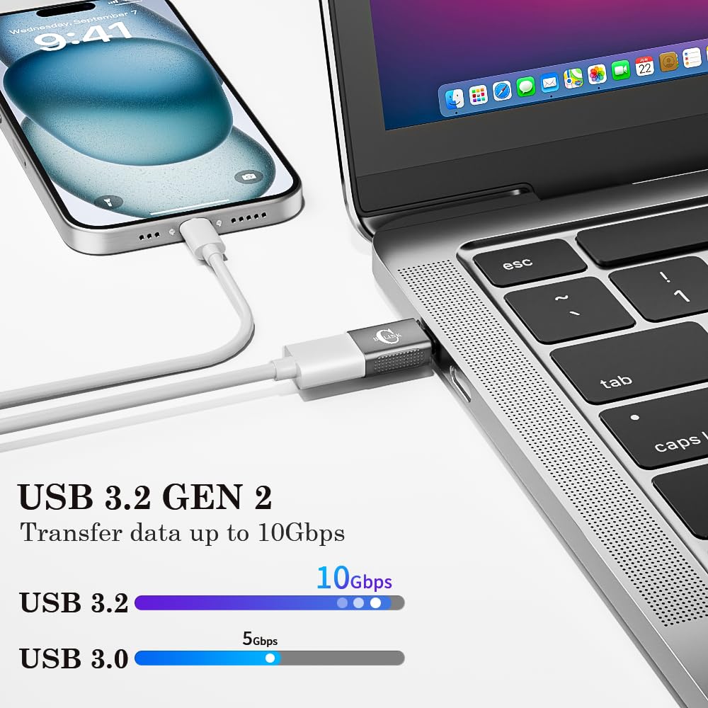BCLINK 10Gbps USB C to USB Adapter (2 Pack), USB 3.2 Gen 2 Fit Side by Side, USB C Male to USB A Female Converter for iPhone 16 15 Series, iPad…