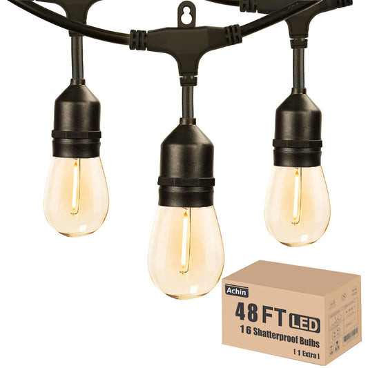 Achin Outdoor String Lights 48FT Dimmable Warm 2200K LED Patio Lights Outdoor Waterproof with 16 Plastic Bulbs Shatterproof String Lights for Outside