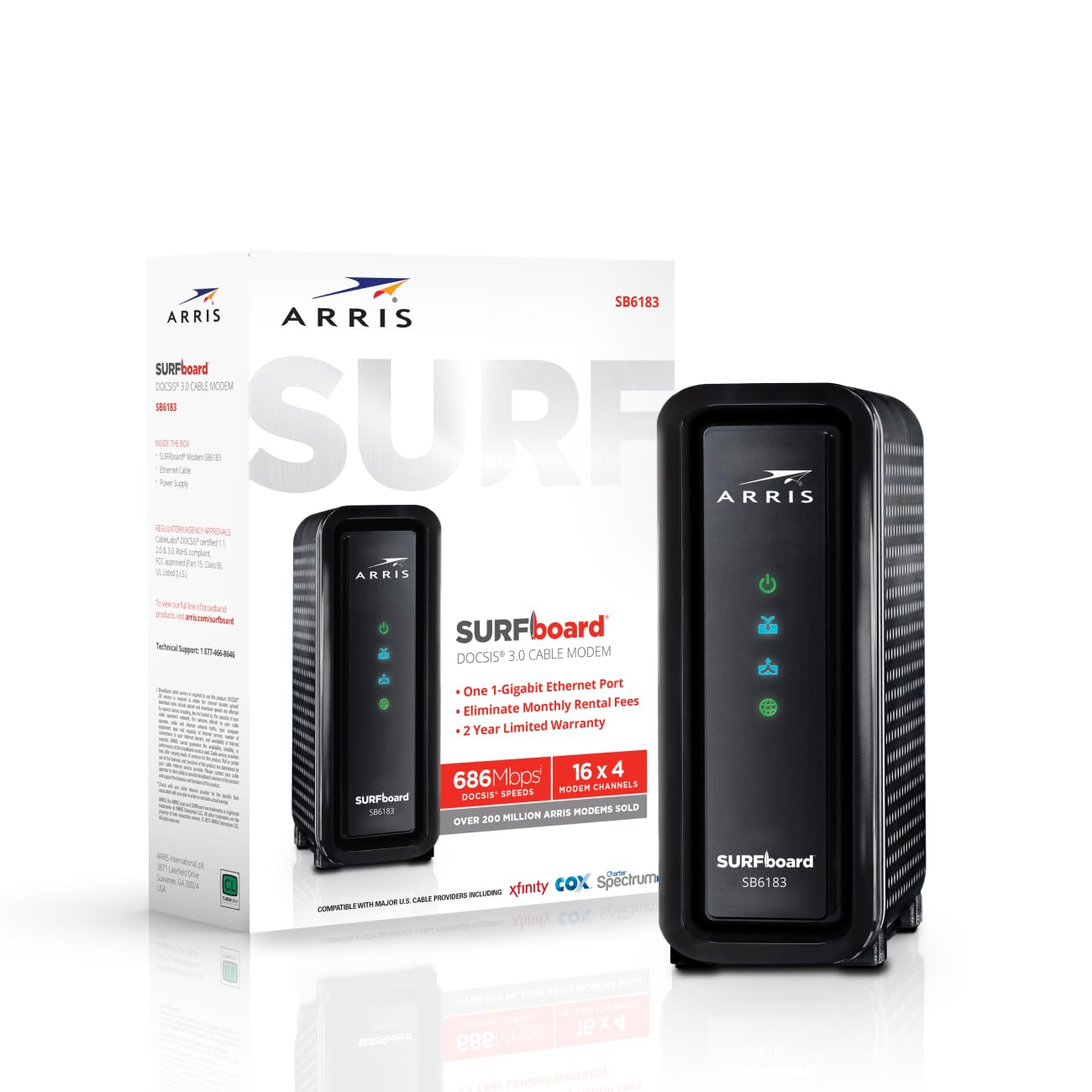 ARRIS (SB6183) -Cable Modem - Fast DOCSIS 3.0 16x4 Gigabit, [Check with your provider for compatibility], 1 Gbps Port, 400 Mbps Max Internet Speed, 2