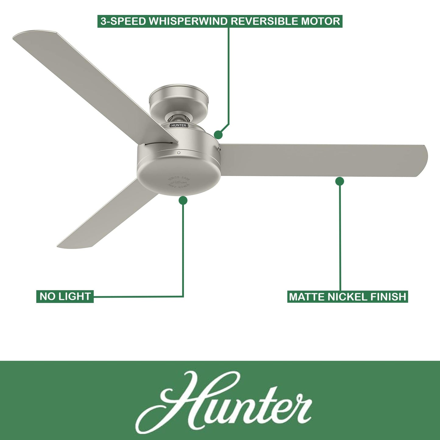 Hunter Fan 52 inch Casual Matte Nickel Indoor Ceiling Fan with 3 Blades, Holiday Gift for Bedroom, Living Room/Family Room, Dining Room, Kitchen