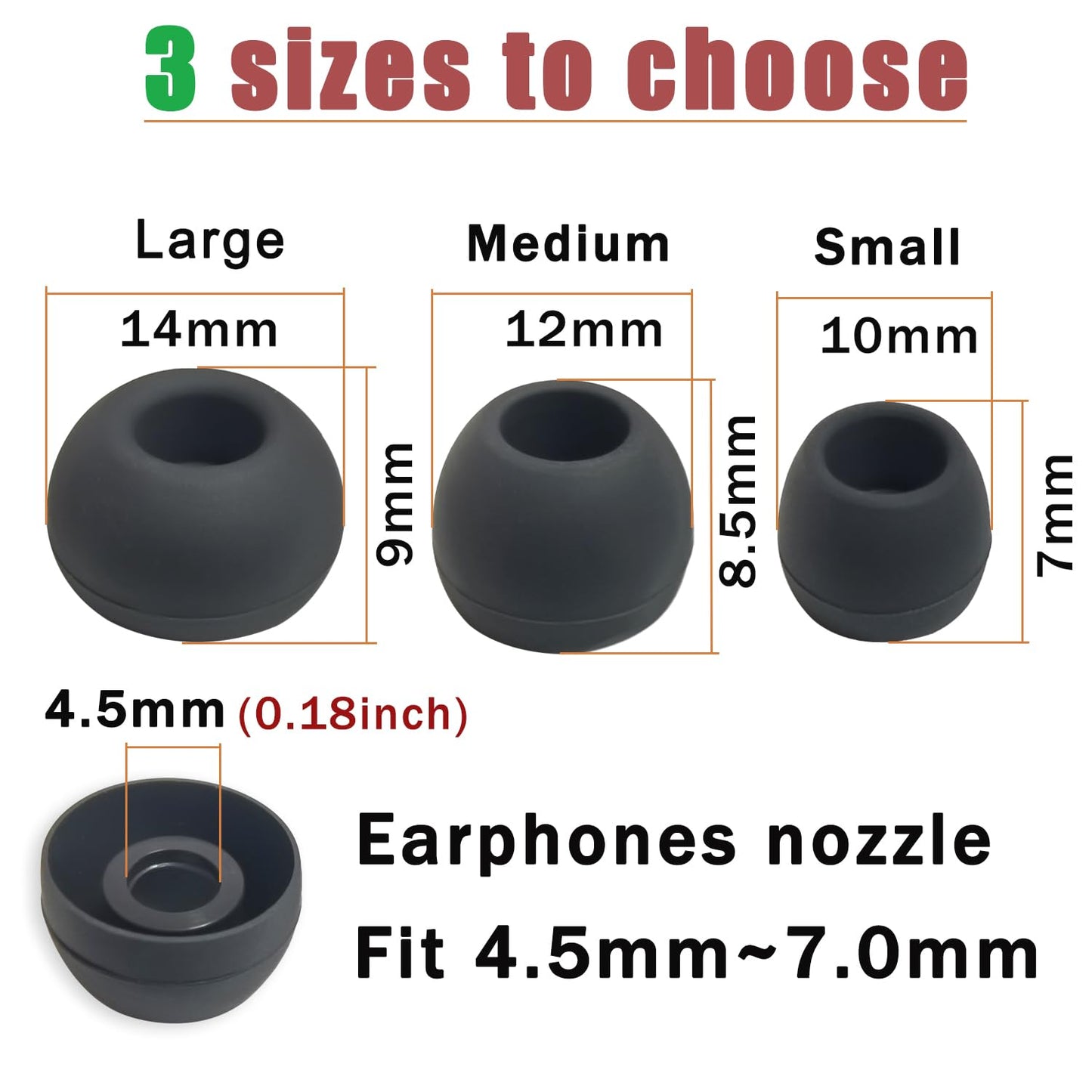 Mijusun Universal Silicone Ear Tips for 4.5mm-7mm Nozzle - 6 Pairs Replacement Earbuds Tips, Comfortable & Case-Compatible Fit (S/M/L), Black