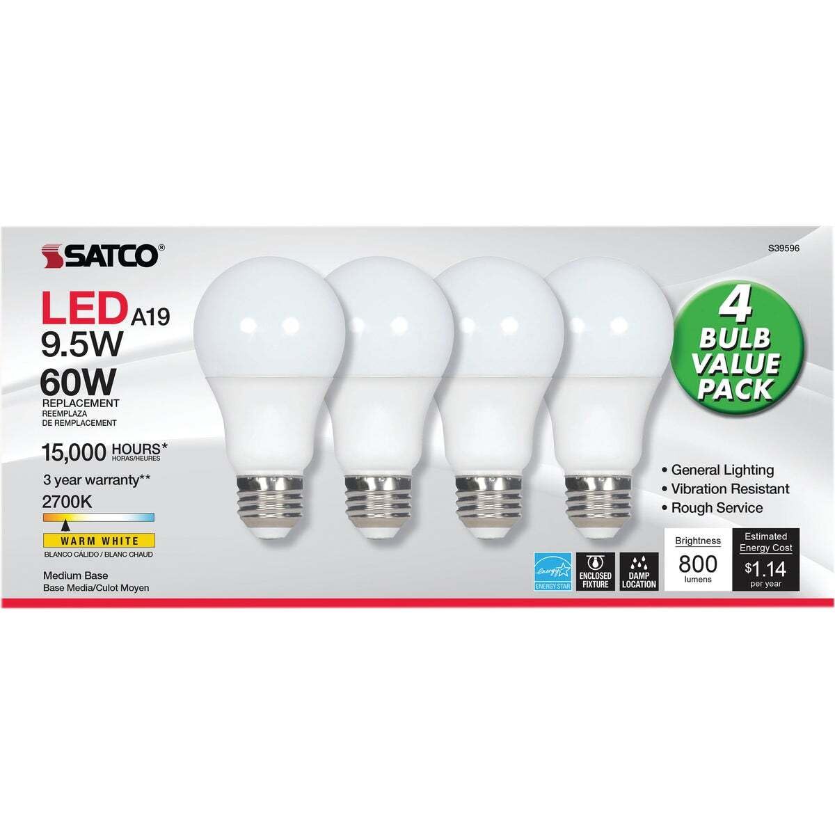 Satco S9596 Multi-Directional Led A19 4-Pack (9A19/LED/2700K/120V/4Pk)