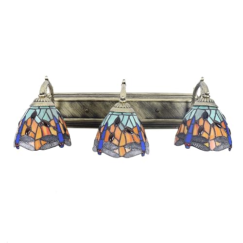 Tiardocge Tiffany Style Wall Mount Lamp, 3-Light Dragonfly Wall Sconce Lamp, Baroque Wall Lamp, Stained Glass Vintage Antique Light for Bedroom Living