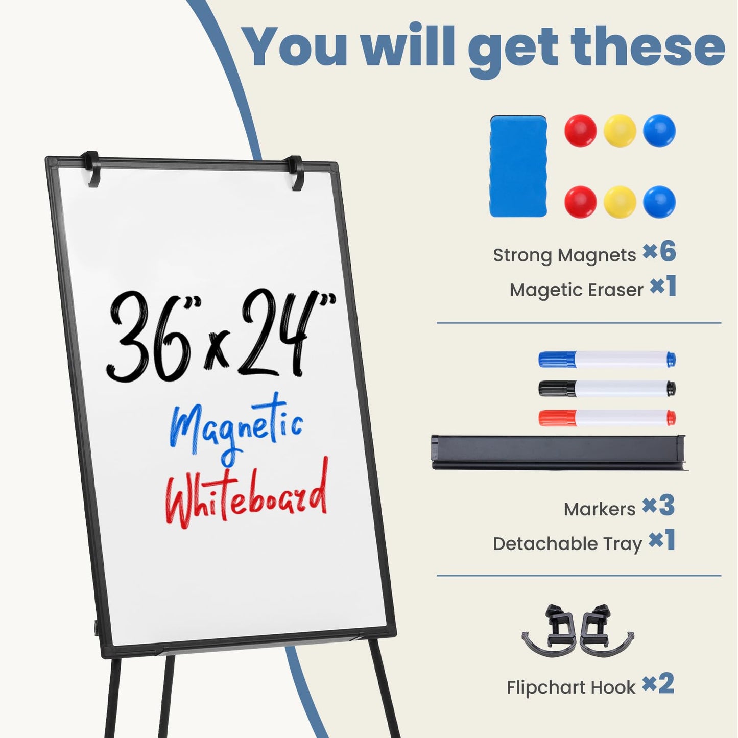 Magnetic White Board Kit Set of 2, 36" x 24" Dry Erase Board with 1 Dry Eraser & 2 Multicolor Markers & 4 Magnetic Pins, Silver Reinforced Aluminum