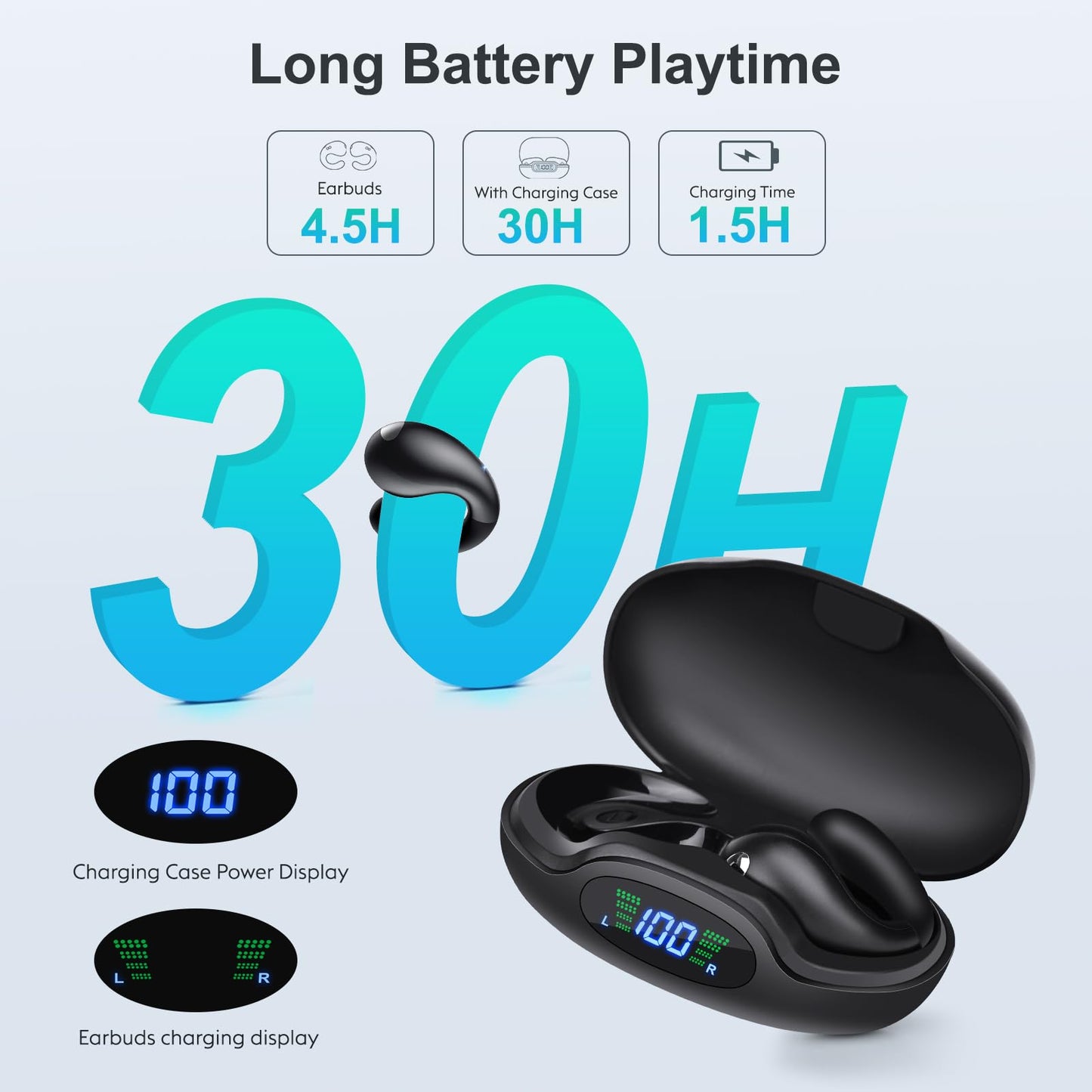 Nsiucion Open Ear Clip-On Earbuds, Wireless Bluetooth Headphones, Comfortable Wear Nice Secure Fit Earphones, Long Playtime, Digital Display Charging…