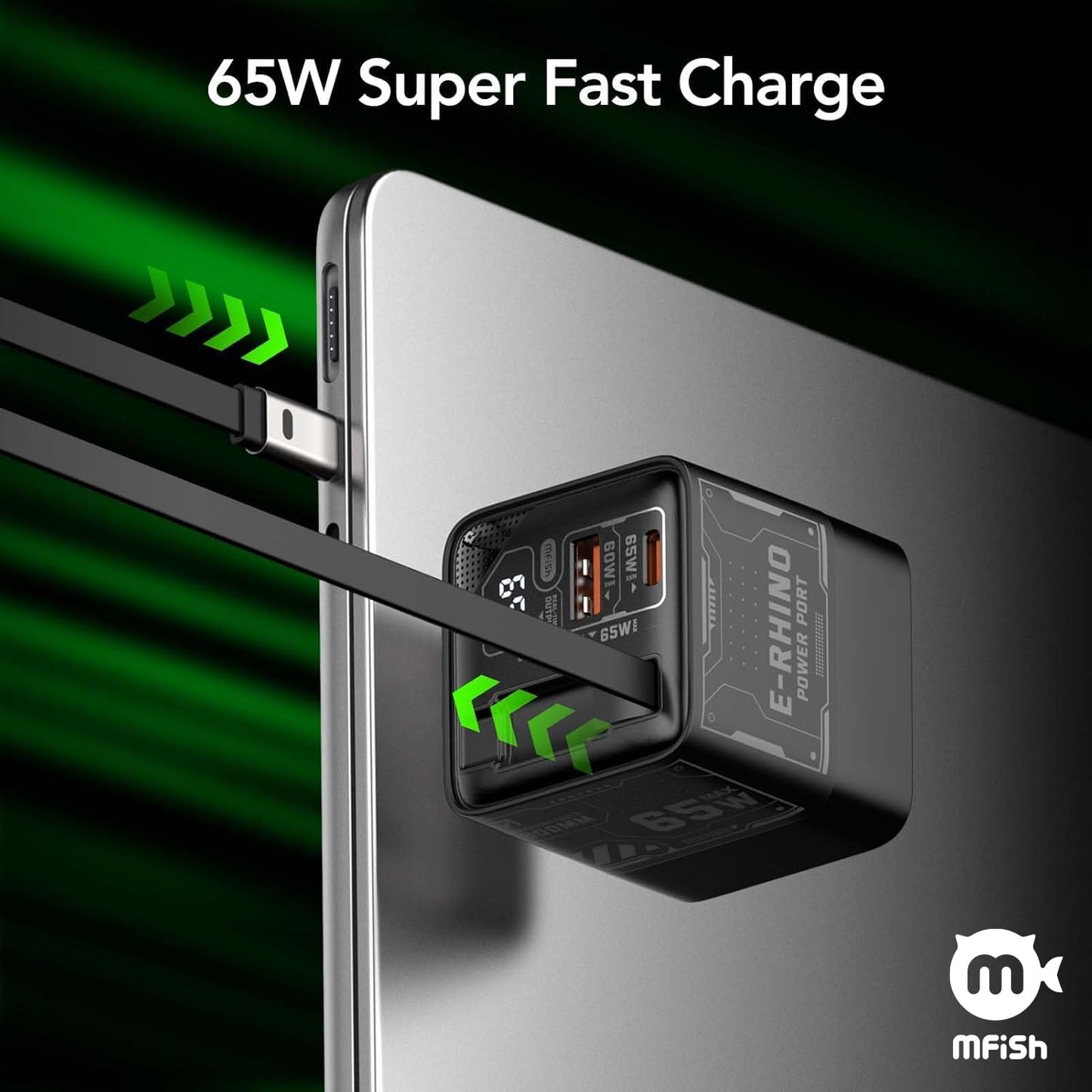 MFish 65W GaN Fast Wall Charger, USB C Charger Block Built?in 2.6ft Retractable USB?C Cable, USB?C & USB?A Wall Charger with Digital Display