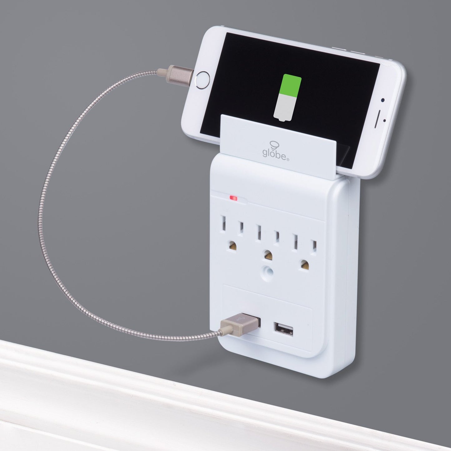 Globe Electric 78081 3-Outlet Charging Station Surge Protector Wall Tap, 2x USB Ports, Phone Holder, White Finish