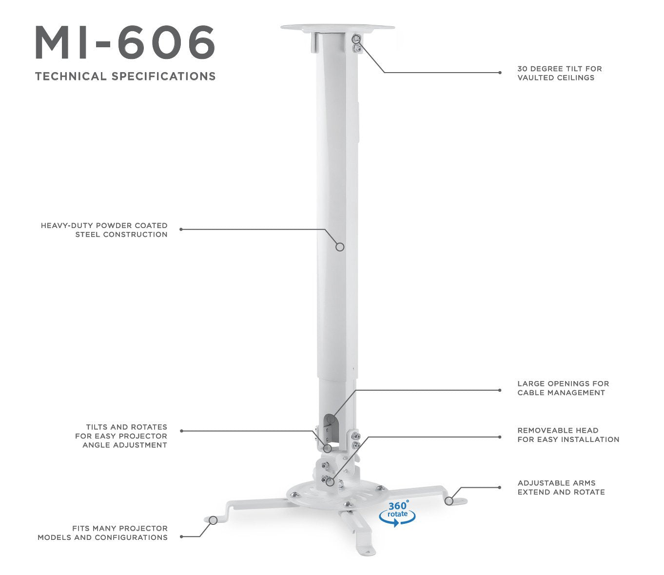Mount-IT! Projector Ceiling Mount [30 lbs Capacity] Universal Bracket | 360 Full Motion with Tilt and Swivel Rotate | Adjustable Pole Height from