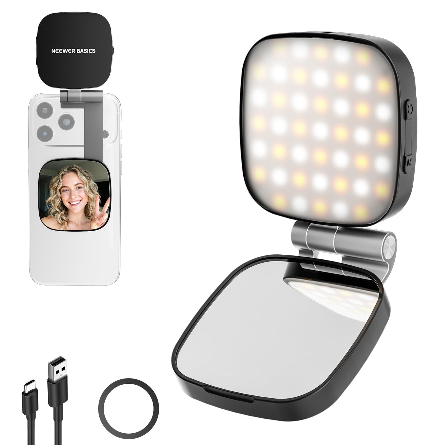NEEWER Basics Magnetic Selfie Light Compatible with MagSafe iPhone, 2W CRI95+ Bi Color Swivel Small LED Phone Fill Lighting, 680lx/0.3m, Mirror