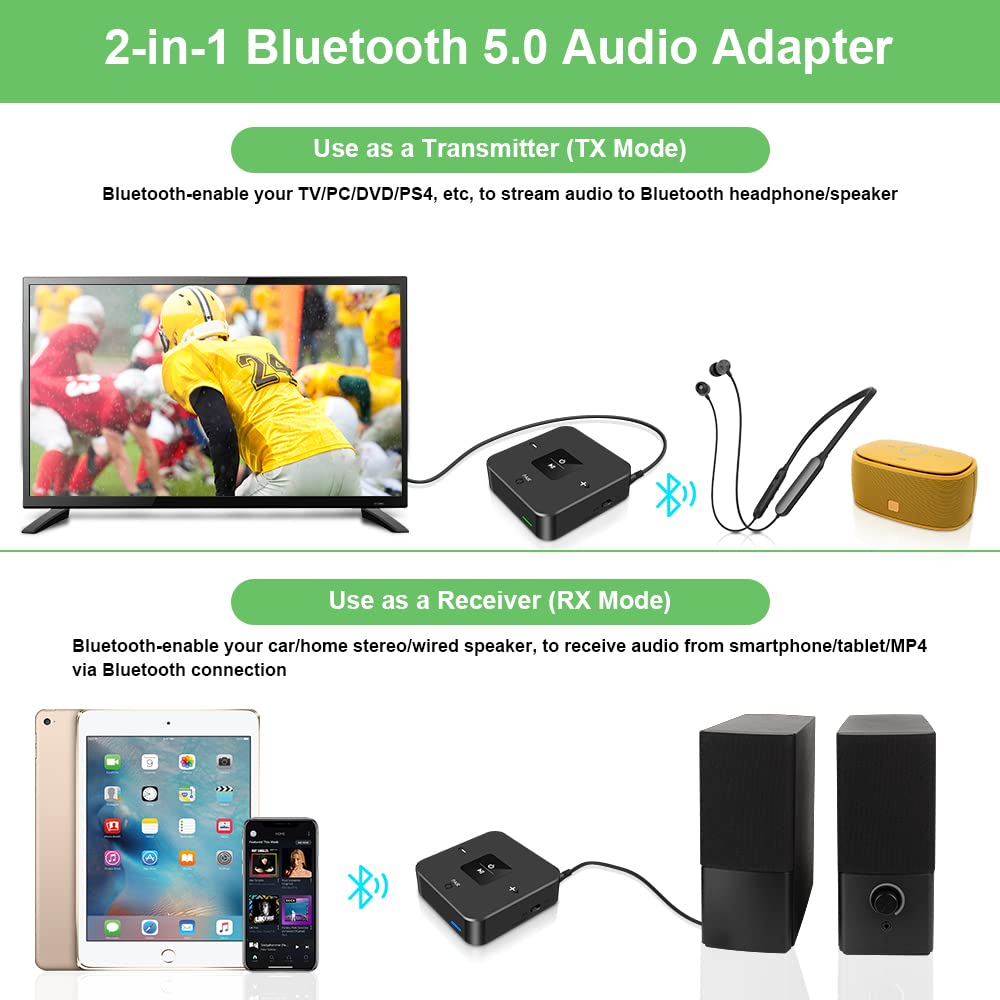 Golvery Bluetooth 5.0 Transmitter Receiver for TV Airplane, 2 in 1 Bluetooth Adapter for PC/DVD/MP3/Home Stereo/Speaker/Gym, Optical/RCA/AUX