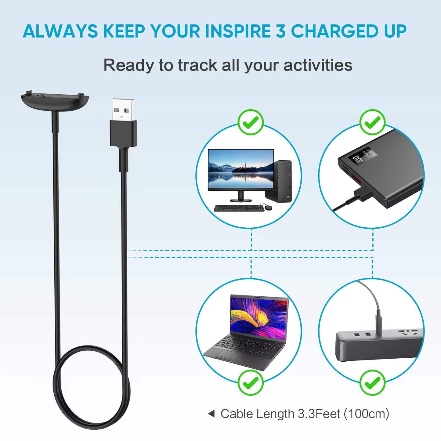 EEweca [2-Pack] Charger Cable for Fitbit Inspire 3 (3.3 ft/1.0 ft)