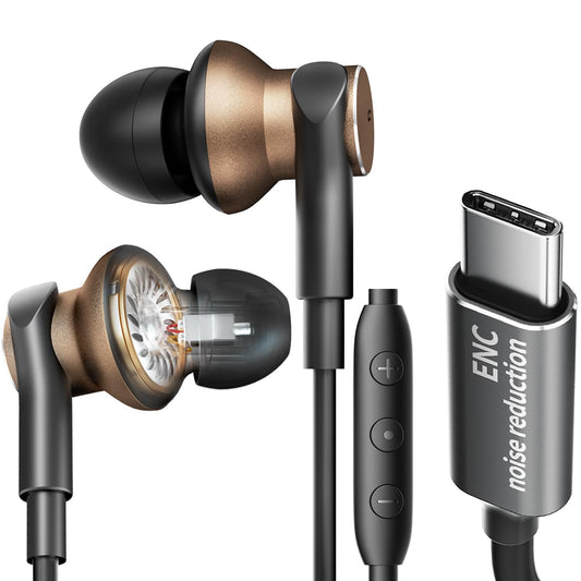 Type C Wired Earbuds with Noise-Canceling Microphone,Immersive Stereo Bass USB C In Ear Headphones Dynamic and Balanced Armature Subwoofer Noise…