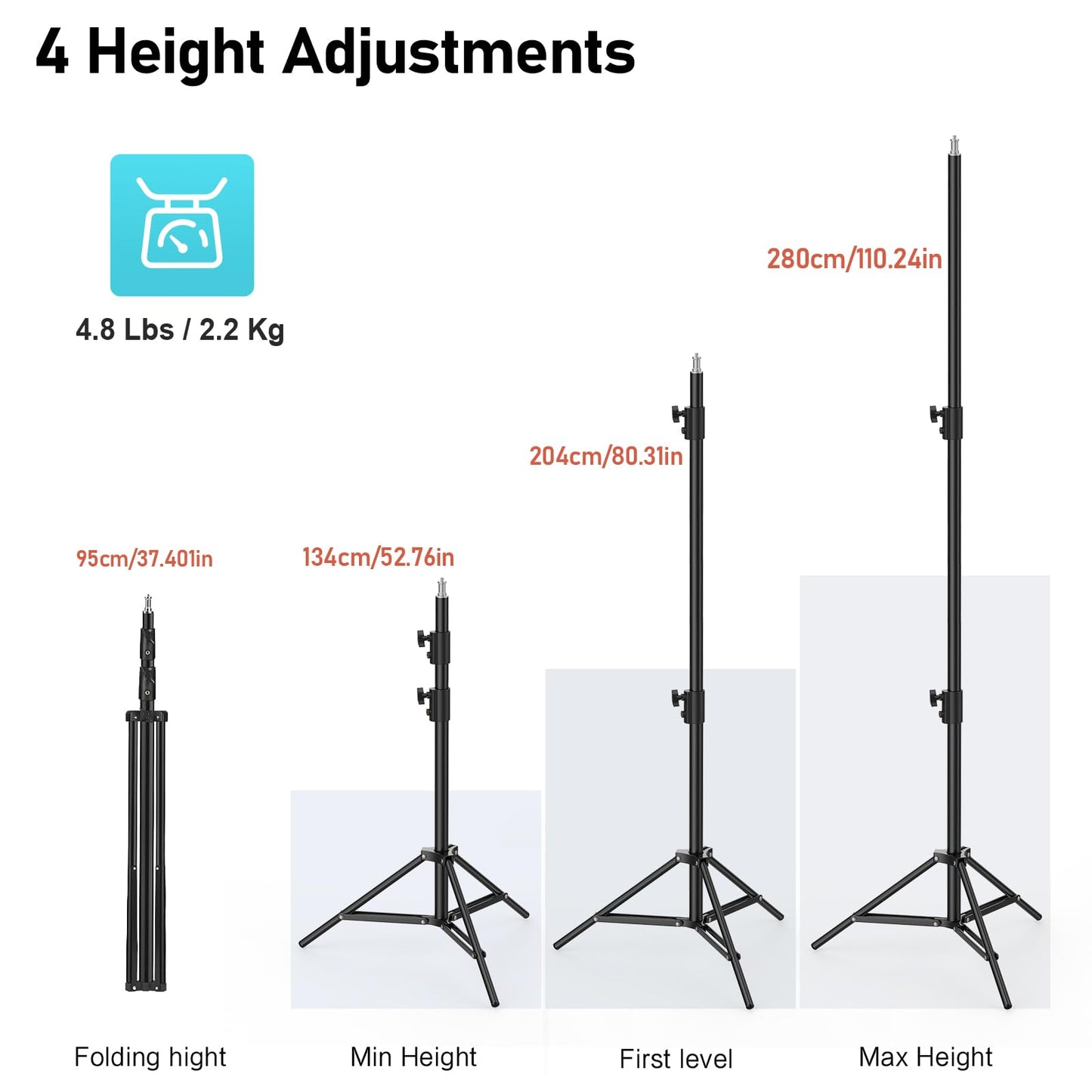 Photography Light Stand, 110"/9.2ft/280cm Portable Reverse Folding Tripod with Travel Bag Aluminum Heavy Duty