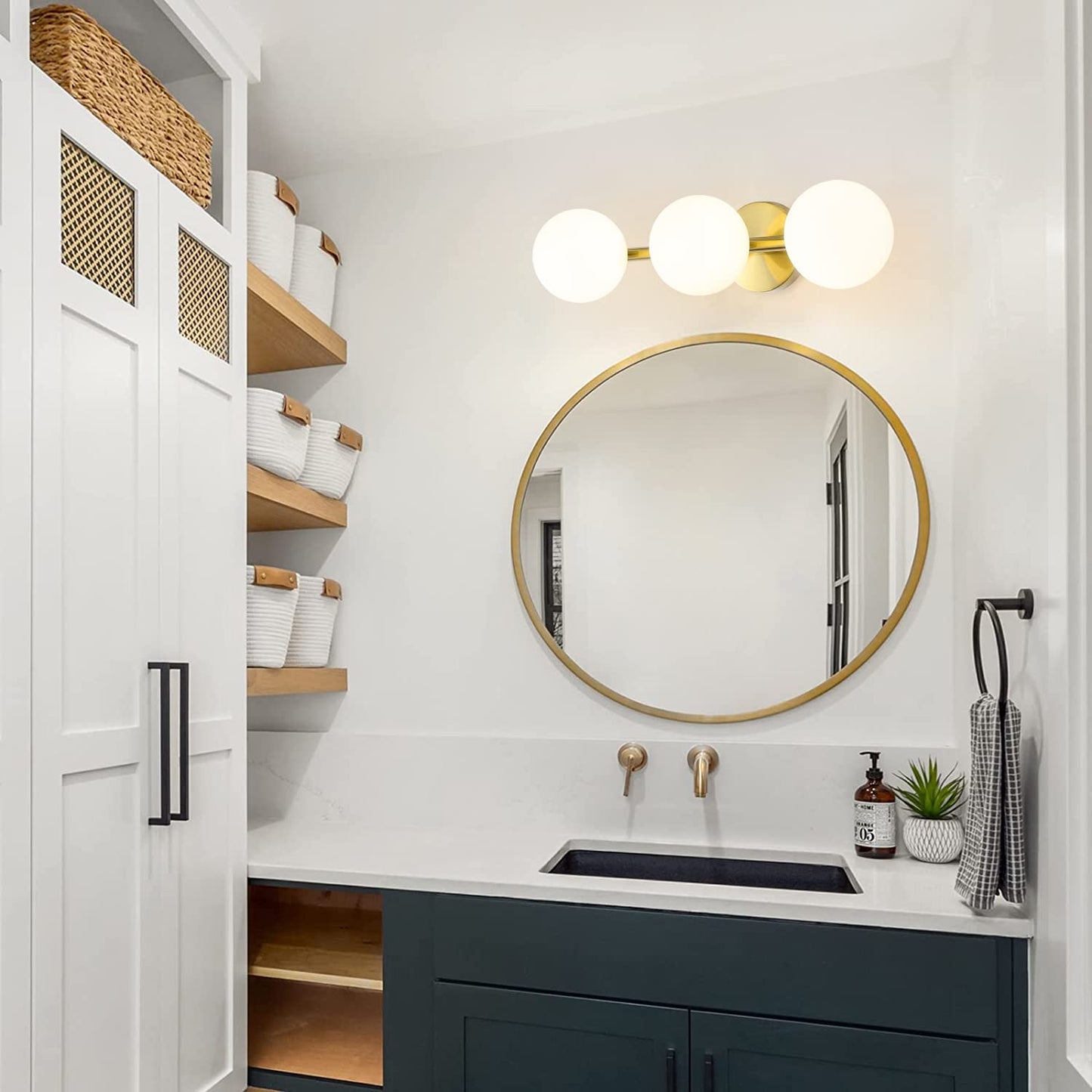 Bathroom Vanity Lights, 3-Light Bathroom Light Fixtures Gold Bathroom Lights, Mid Century Modern Brass Gold Vanity Light Dimmable Wall Sconce Wall