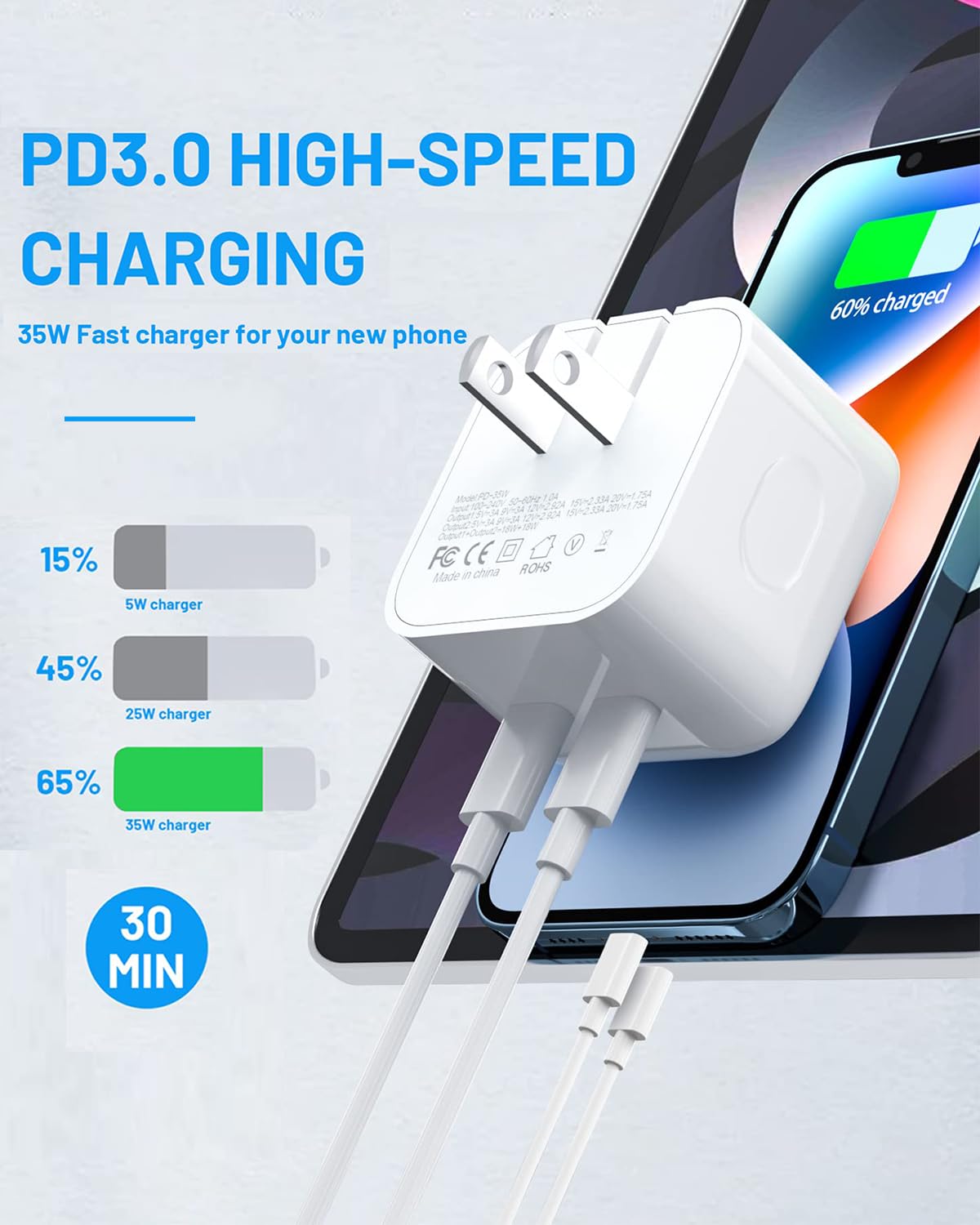 35W Dual USB-C Port Compact Power Adapter with 5FT C to C,Charging Cord for iPhone 16 15 14 13 12 11 Pro Max Plus,Samsung