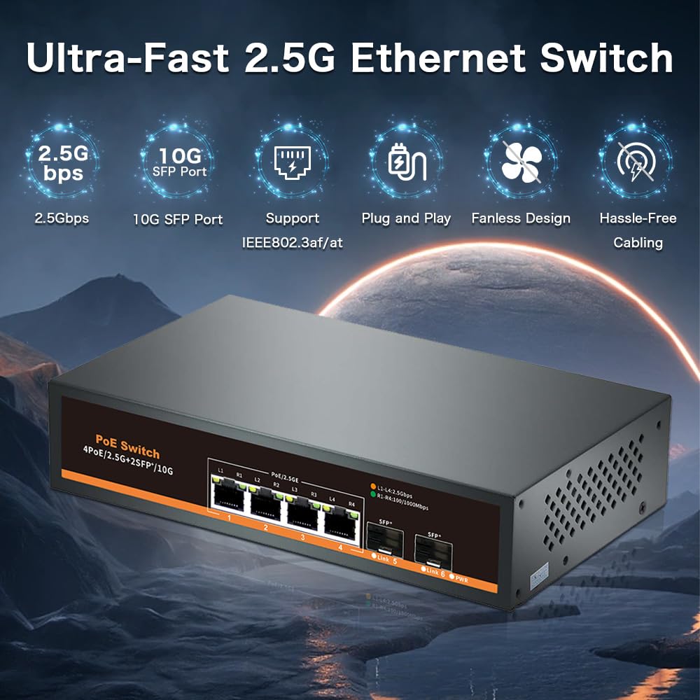 Davuaz 2.5G Unmanaged PoE Switch with 4 x 2.5G Base-T Ports and 2 x 10G SFP Uplink Port, Compatible with 100/1000/2500Mbps, Fanlesss Design, Plug