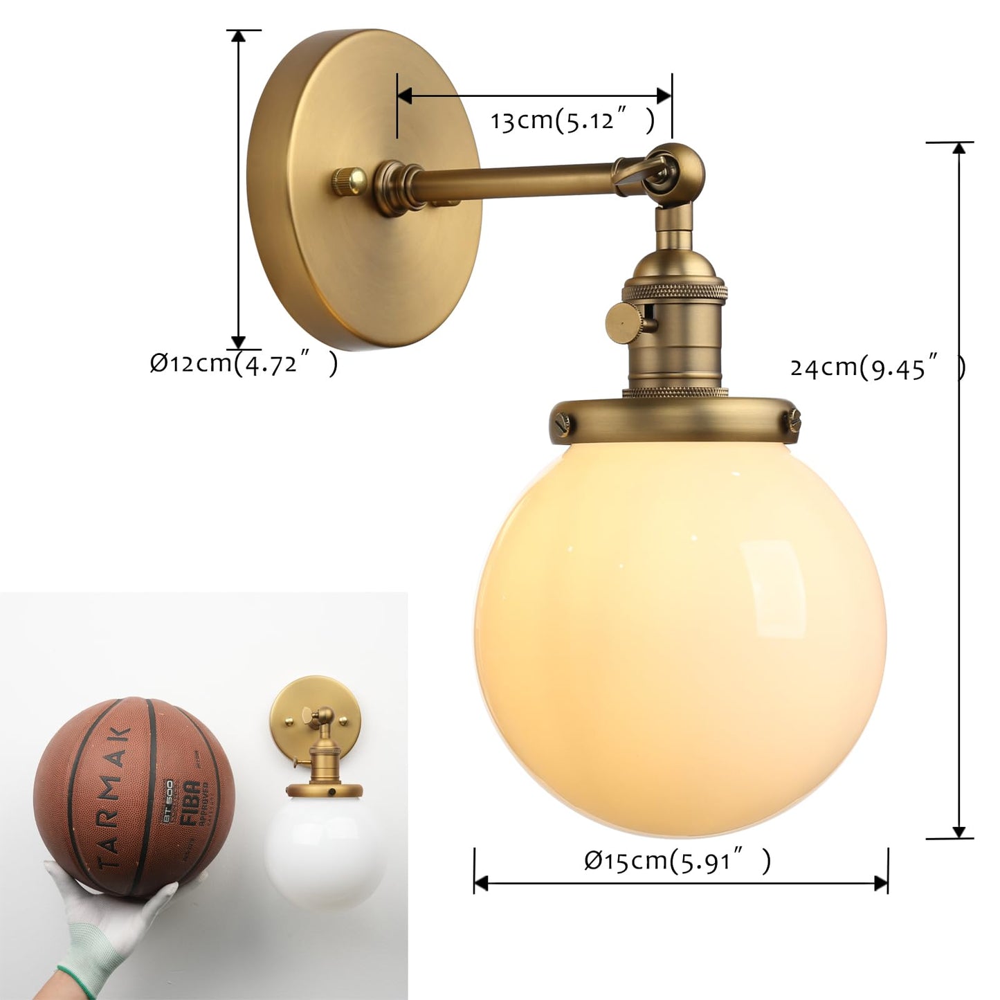 Pathson Hardwired Wall Sconce with White Globe, Brass Bathroom Vanity Light with On Off Switch, Vintage Wall Light Fixtures for Living Room Loft