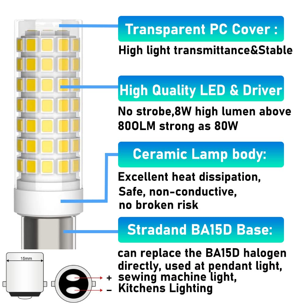2-Pack BA15D LED Bulb 8W 18858 Light Bulb S4361 Bayonet Bulb 120V Double Contact Bayonet Base for Singer, Brother, Kenmore Sewing Machine Bulb 15t7dc