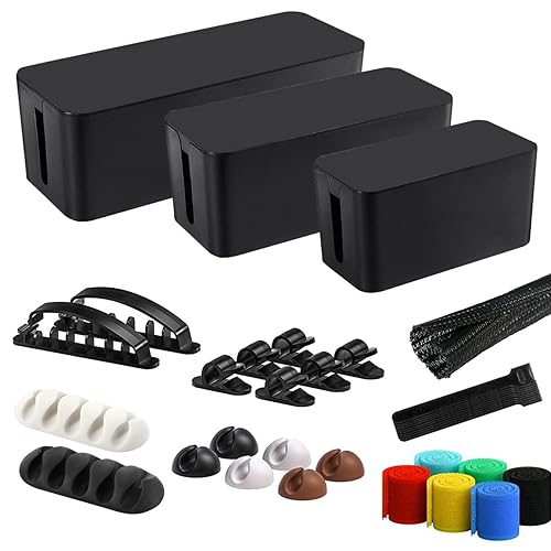Cable Management Box, 3 Pack Cord Organizer Boxes with 33 PCS Cable Management Set to Cover Hide Power Strip, Surge Protector Under Desk & on Floor