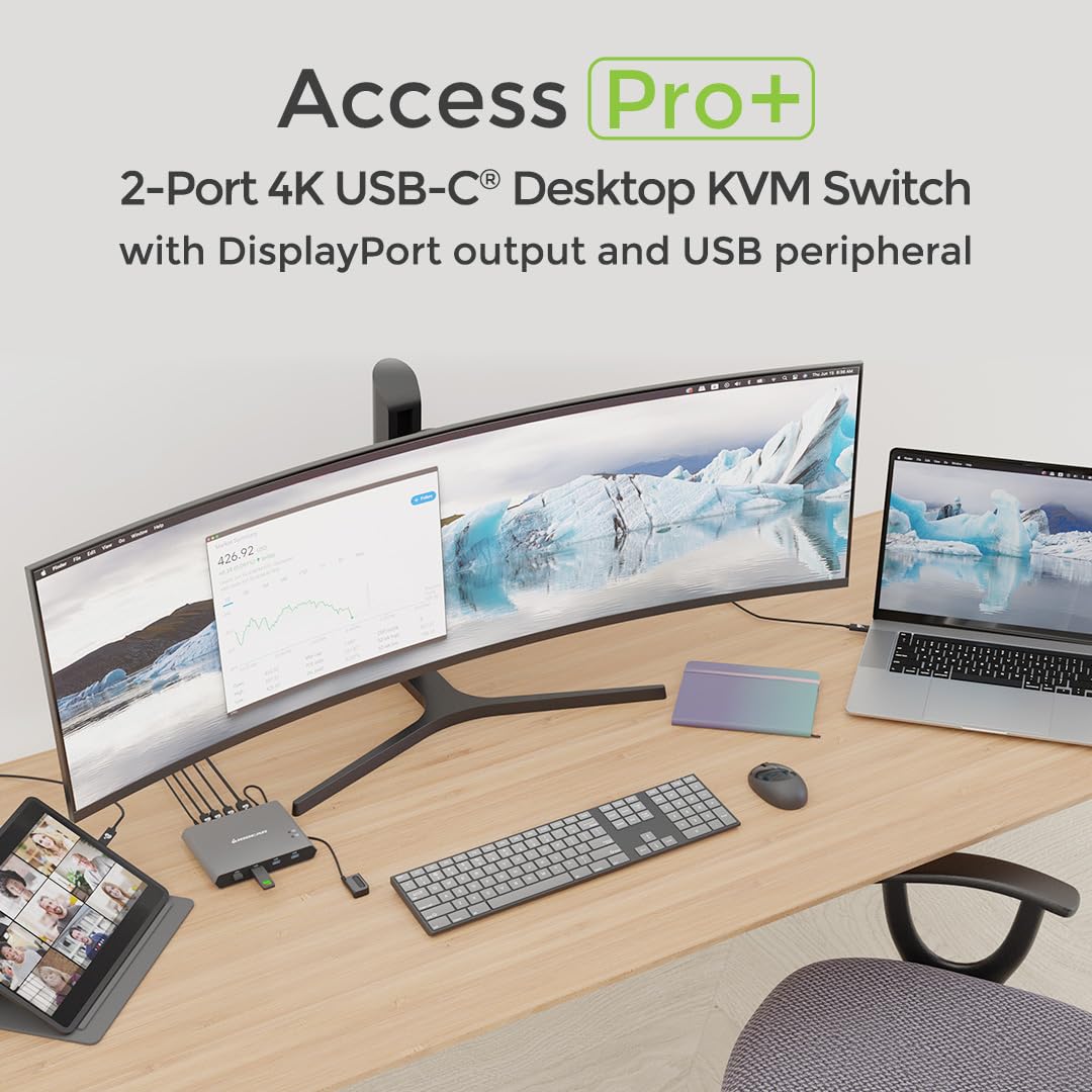 IOGEAR Access Pro Plus 2-Port USB-C KVM Switch 1 Monitor 2 Computers 4K 60Hz DisplayPort Output 4-Port USB Hub 100W Power Thunderbolt 3/4 Compatible