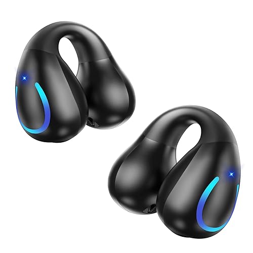 Open Ear Clip On Earbuds Wireless Bluetooth 5.3 bone conduction Headphones with LED Digital Display Charging Case Sport Earphones Built-in Mic IPX7…